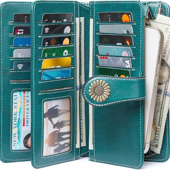 Women's Leather Credit Card Holder RFID Blocking Large Capacity Wristlet Wallet - Picture 2 of 11